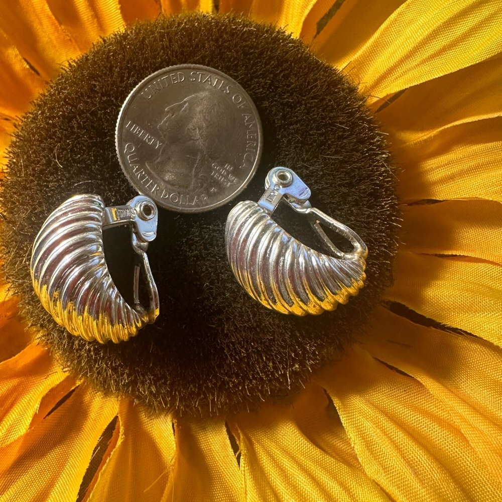 Vintage Signed Monet Ribbed Crescent Hoop Clip-on Earrings. Silver-tone